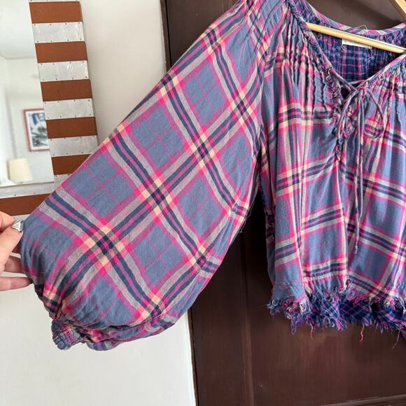 FREE PEOPLE | We The Free Cloud Breaker Purple Plaid Lace Up Boho Blouse | Small - Picture 5 of 9